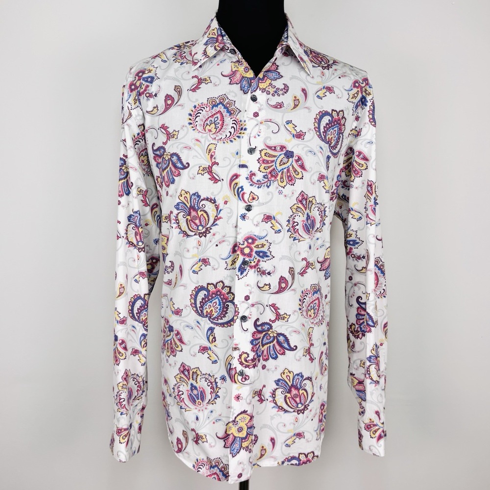 Robert Graham Shirt Men XXL White Cotton Paisley Colorful Guitar Drum Flip Cuff